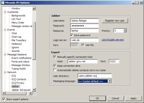 Miranda IM Japper Options Dialog